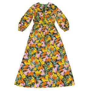 Tori Richard Honolulu Maxi Dress Floral Print Green Trim Long Sleeve Small